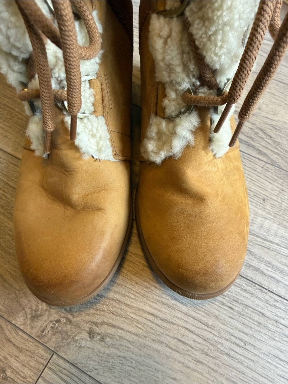 Sorel Joan Of Arc Wedge ll Shearling Suede Leather Tan Brown Boots Booties 8.5 - Picture 3 of 7